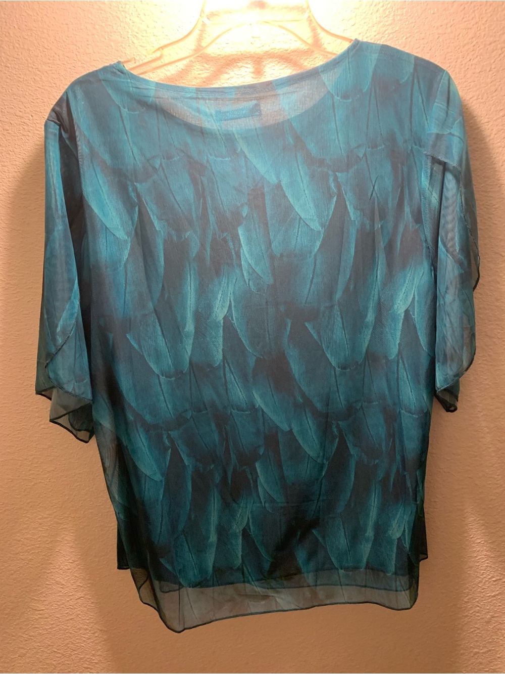 Sheer Teal Feather-Print Women’s Top